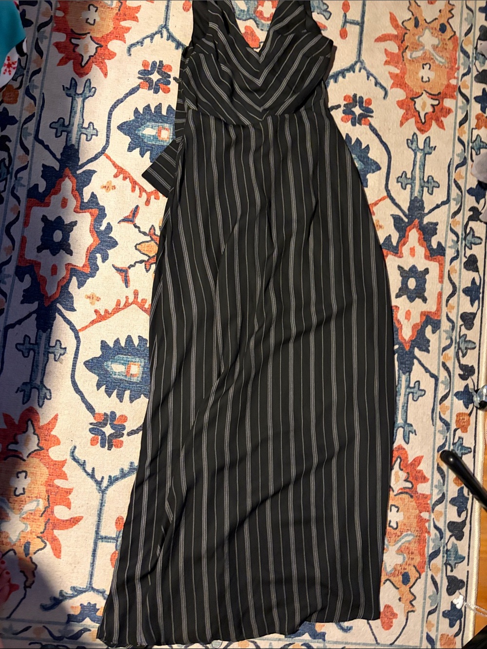 Doe & Rae Black and White Pinstripe V-Neck Maxi Dress